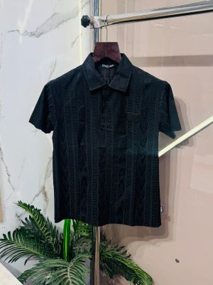 Sale.BALMAIN.IMPORTED.ALL.OVER.SELF.THUNDERED.FABRIC.FRONT.METAL.LOGO.PLATE.VERY.PREMIUM.POLO.NECK.TSHIRT.