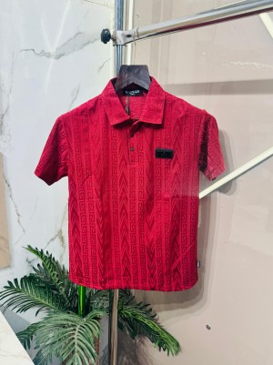 Sale.BALMAIN.IMPORTED.ALL.OVER.SELF.THUNDERED.FABRIC.FRONT.METAL.LOGO.PLATE.VERY.PREMIUM.POLO.NECK.TSHIRT.