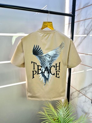 Sale H & M Eagle Edition Back Printed Drop Shoulder Beige Premium Round Neck T-shirt F2371-BE
