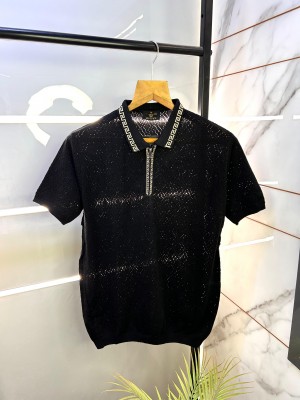 Sale Versace Zipper Black Collar Neck Imported Premium T-shirt F2231-BL