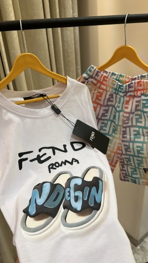 FEND_I ROMA LOGO PRINT PREMIUM WHITE SHORTS TSHIRT SUMMER WEAR FOR KIDS 
