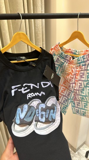 FEND_I ROMA LOGO PRINT PREMIUM BLACK SHORTS TSHIRT SUMMER WEAR FOR KIDS