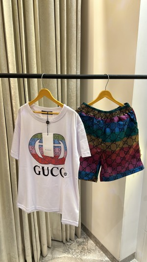 GUCC_I LOGO PRINT PREMIUM WHITE SHORTS TSHIRT SUMMER WEAR FOR KIDS