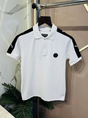 Sale_Balmain.Imported.Matty.Cotton.Lycra.Fabric.Front.Metal.Logo.Side.Heavy.Brand.Stripes.Very.Premium.Polo.Neck.Tshirt.