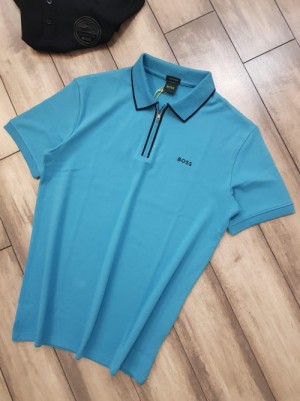 Boss Premium Imported Polo T shirt Emboss Printed Logo With ZIP STYLE Blue 2324