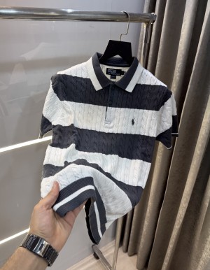 Ralph  Lauren Grey Stripes Premium Knitted Polo T-Shirt