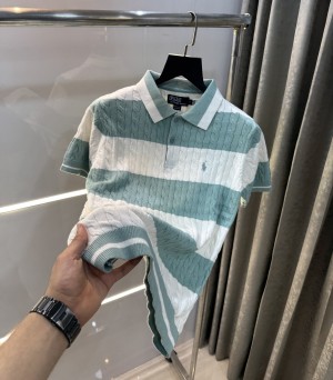 Ralph  Lauren Aqua Green Stripes Premium Knitted Polo T-Shirt