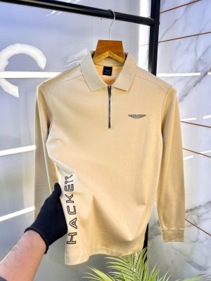 Aston Martin Hacket t Beige Zipper Full Sleeves Polo Neck Premium Collar T-shirt BEI-S-2125