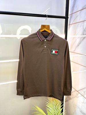 Tommy_Hilfiger Brown Full Sleeves Polo Neck Premium Collar T-shirt BRO-M-F2017
