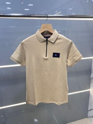 Tomm_y Hilfige_r Beige Premium Imported 240 GSM Interlock Cotton Lycra Fabric  Polo Tshirt with Patch Logo Zip Style  Sale offer (561)