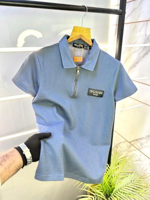 Balmai n Paris Logo Blue Imported Collar Neck T-shirt With Brand Box Packing F1989-BU