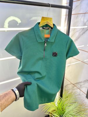 Balmai n Paris Logo Green Imported Collar Neck T-shirt With Brand Box Packing F1989-GR