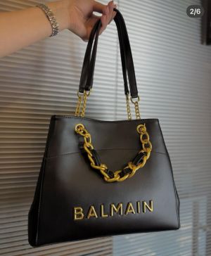 Balmain_1945 embellished leather-trimmed cotton-blend jacquard tote with dust cover