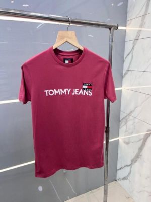 Tomm y Hilfige r Pink Premium Imported 240 GSM Interlock Lycra Fabric Round Neck T Shirts with Embroidered Logg 2368