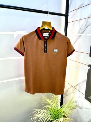 Gucc i Brown Polo Embroidery Logo Premium Collar Neck T-shirt F2681-BR