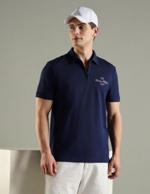 Tommy Hilfige r Navy Premium Polo TShirt with 240 gsm interlock cotton lycra fabric with Embroidery Logo And Branding Half ZIP 2791