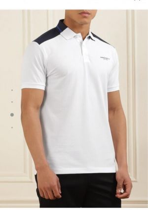 Hacket t White Premium Polo Tshirt With 240 gsm interlock cotton lycra fabric with Collar Design and Shoulder Stripes Design Emboss Logo 2729