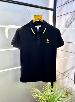 Us Polo Black Imported Back Printed Collar Neck Premium T-shirt F2731-BL