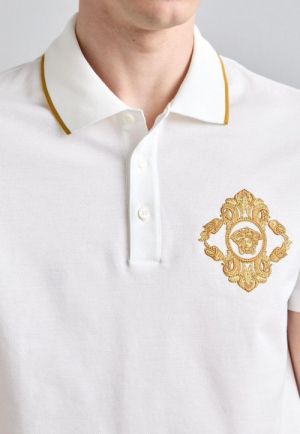 Versac e White Premium Imported Pique Polo Tshirt with Embroidered Logo and Collar Design 2759