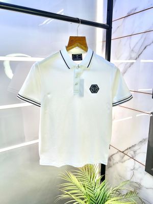 Philip Plein Imported Polo Metal Logo White Collar Neck T-shirt F2671-WH