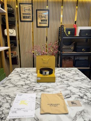 Burberr_y Luxury Leather Belt Silver TB Buckle with Box Dust Bag & Carry Bag (23-4)