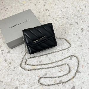 Charles & Keith Mini Asymmetric Flap Sling Bag With OG Box & Dust Bag (Black - 786)