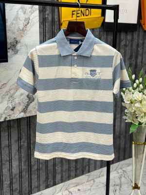 GANT IMPORTED KNITTED FABRIC FRONT EMBROIDERY VERY PREMIUM STRIPES POLO NECK TSHIRT