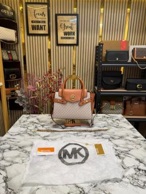 Michael_Kors Signature Carmen Flap Leather Satchel Handbag (Beige)