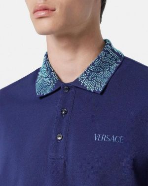 Versac e Inkblue Premium Cotton Lycra Pique fabric Polo Tshirt with Collar Design and Embroidered Logo 2887