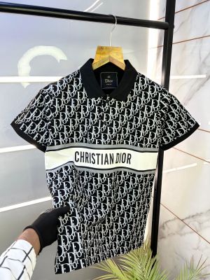 Christian Dio r Imported Black Monogram Print Premium Collar Neck Polo T-shirt F2305-BL