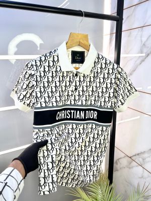 Christian Dio r Imported White Monogram Print Premium Collar Neck Polo T-shirt F2305-WH