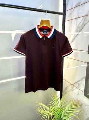 Tommy_Hilfiger Wine Zipper Polo Premium Collar Neck T-shirt F2820-WI