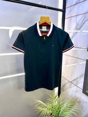 Tommy_Hilfiger Dark Green Zipper Polo Premium Collar Neck T-shirt F2820-DGR
