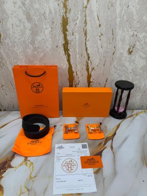 Hermes H Reversible Belt Set Black Leather with 2 Buckles Box Dust Bag Including Carry Bag (H14-Black)