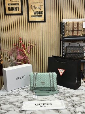 GUESS CESSILY LEATHER WEAVING SHOULDER BAG WITH OG BOX AND DUST BAG AND CARRY BAG (LIGHT GREEN)