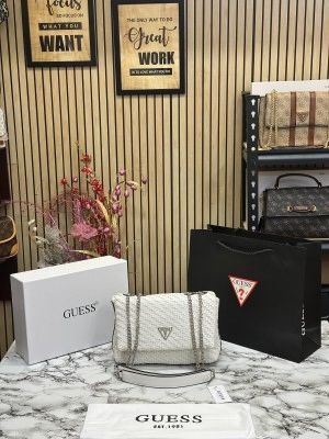 GUESS CESSILY LEATHER WEAVING SHOULDER BAG WITH OG BOX AND DUST BAG AND CARRY BAG (WHITE)