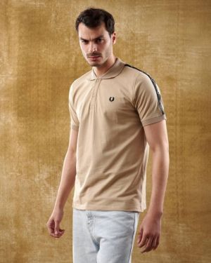 Fred Perr y Beige Premium Polo T shirt With 240 gsm Pique fabric with Shoulder Strip Design and Embroidered Logo 2732