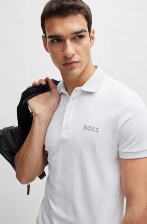 Hugo_Boss White Embossed Logo Print Premium Collar Neck Polo T-shirt F1691-WH