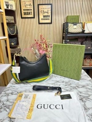 GUCC_I ATTACHE LEATHER LARGE SHOULDER BAG WITH SLIGHTLY DAMAGE BOX AND DUST BAG (BLACK) (S18)