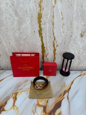 Valentin_o Garavani Leather Belt with Crystal V-Logo Buckle With Box And Dust Bag Including Carry Bag (Tan-v46)