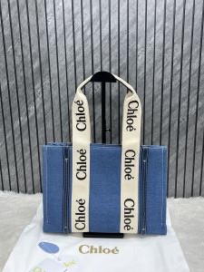 Chloe Denim Medium Canvas Woody Tote With Dust Cover