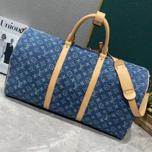 Louis_Vuitton_LV Keepall Bandoulire NBA Edition Premium Monogram Unisex Duffle Bag With Dust Bag & Accessories (Denim Brown - 684)