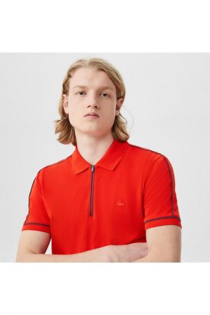 Lacost e Red Premium Polo T shirt cotton Pique fabric and Shoulder Strip Design with Embroidered Logo Zip Style 2076