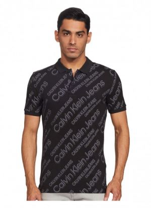 Calvin Klei n Black Premium 240gsm interlock cotton lycra fabric Polo Tshirt with All over Monogram Printed 2794