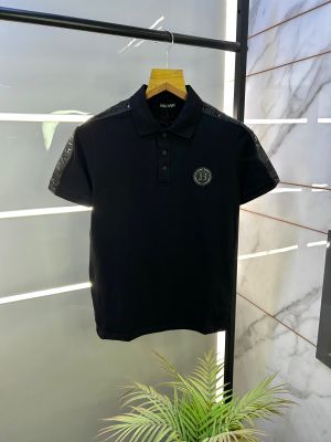 Balmai n Paris Metal Logo Imported Embossed Print Black Collar Neck T-shirt F2832-BL