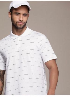 Calvin Klei n White Premium 240gsm interlock cotton lycra fabric Polo Tshirt with All over Monogram Printed 2792