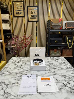 Michael_Kors Leather Belt with Gold MK Buckle Includes Box Dust Bag & Carry Bag (26-3 White)