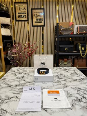 Michael_Kors Leather Belt with Gold MK Buckle Includes Box Dust Bag & Carry Bag (26-1 Blue)