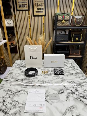 CHRISTIAN DIO_R PREMIUM CD BELT & WALLET COMBO WITH BOX DUST BAG CARRY BAG D65-3 BLACK