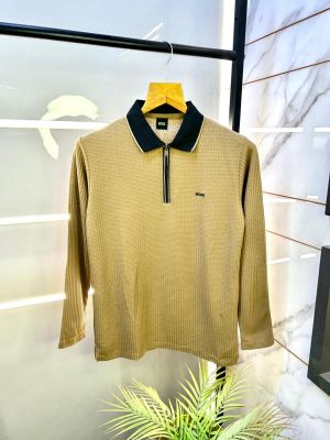 Boss Knitted Full Sleeves Premium Collar Khakhi T-shirt F3111-KH